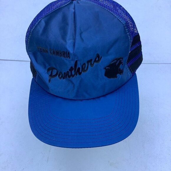 Vintage Penn Cambria Panthers High School Three Striped Snapback Hat Blue Silky - Picture 1 of 8